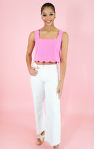Scalloped Square Neck Crop Top - Pink - Obsession Boutique