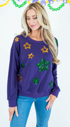Mardi Gras Sequin Star Long Sleeve Top - Obsession Boutique