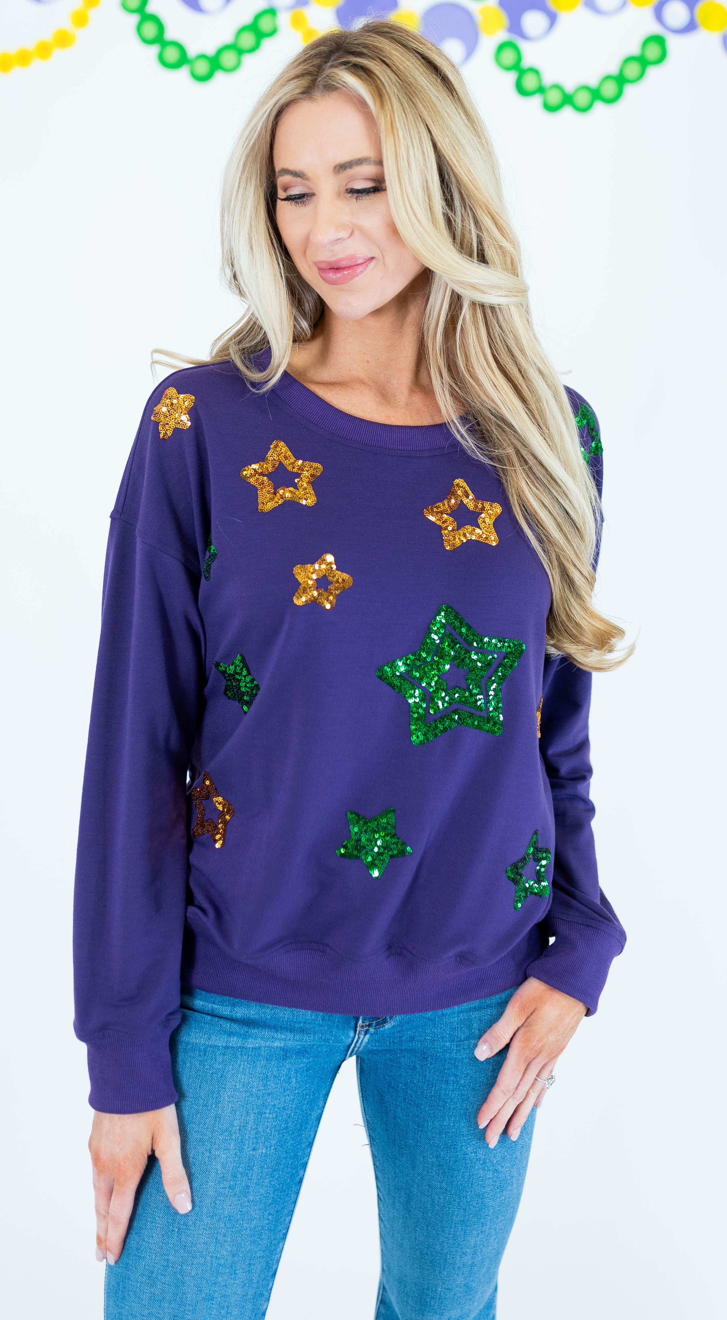 Mardi Gras Sequin Star Long Sleeve Top - Obsession Boutique