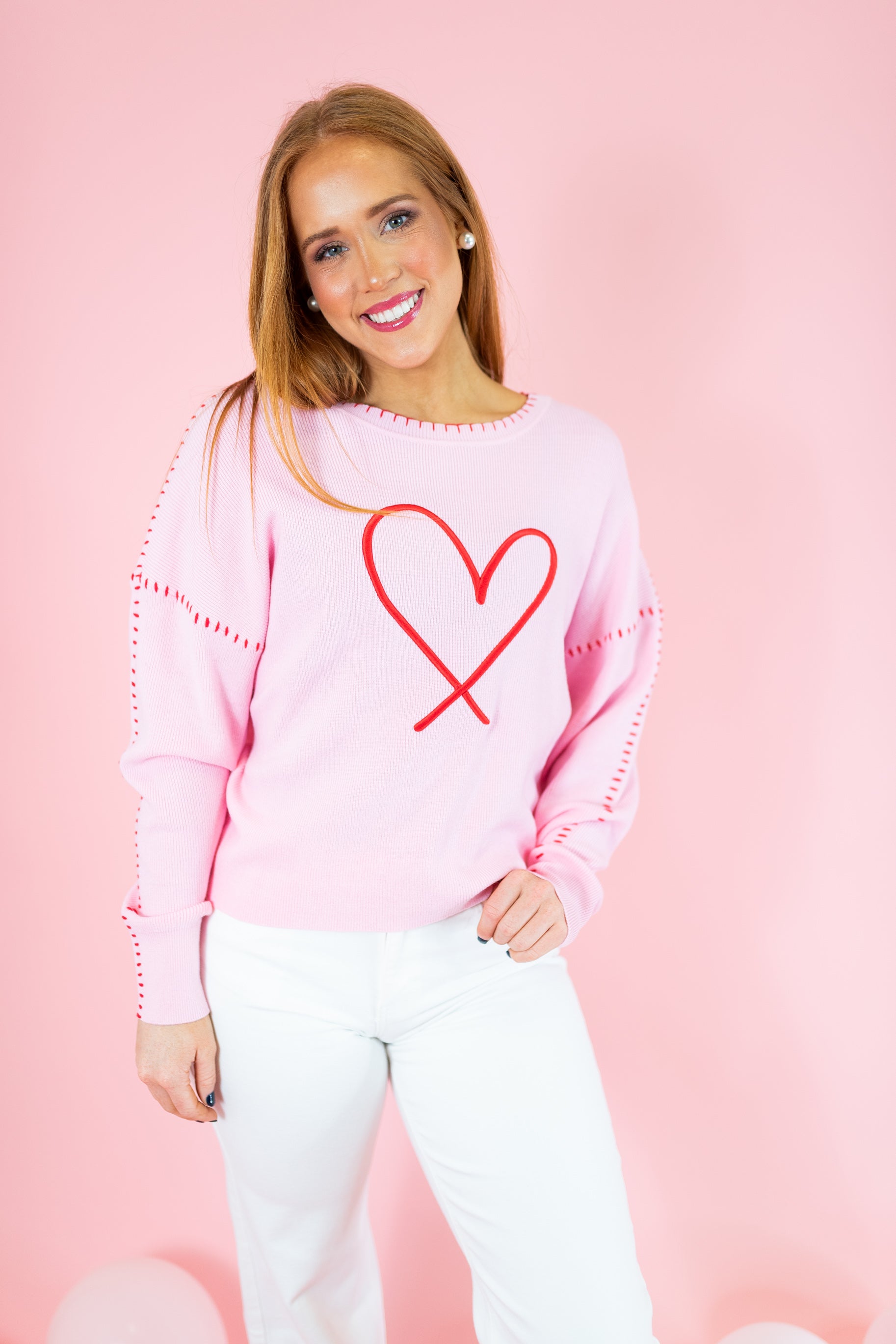 Heart Blanket Stitch Embroidered Sweater - Pink - Obsession Boutique