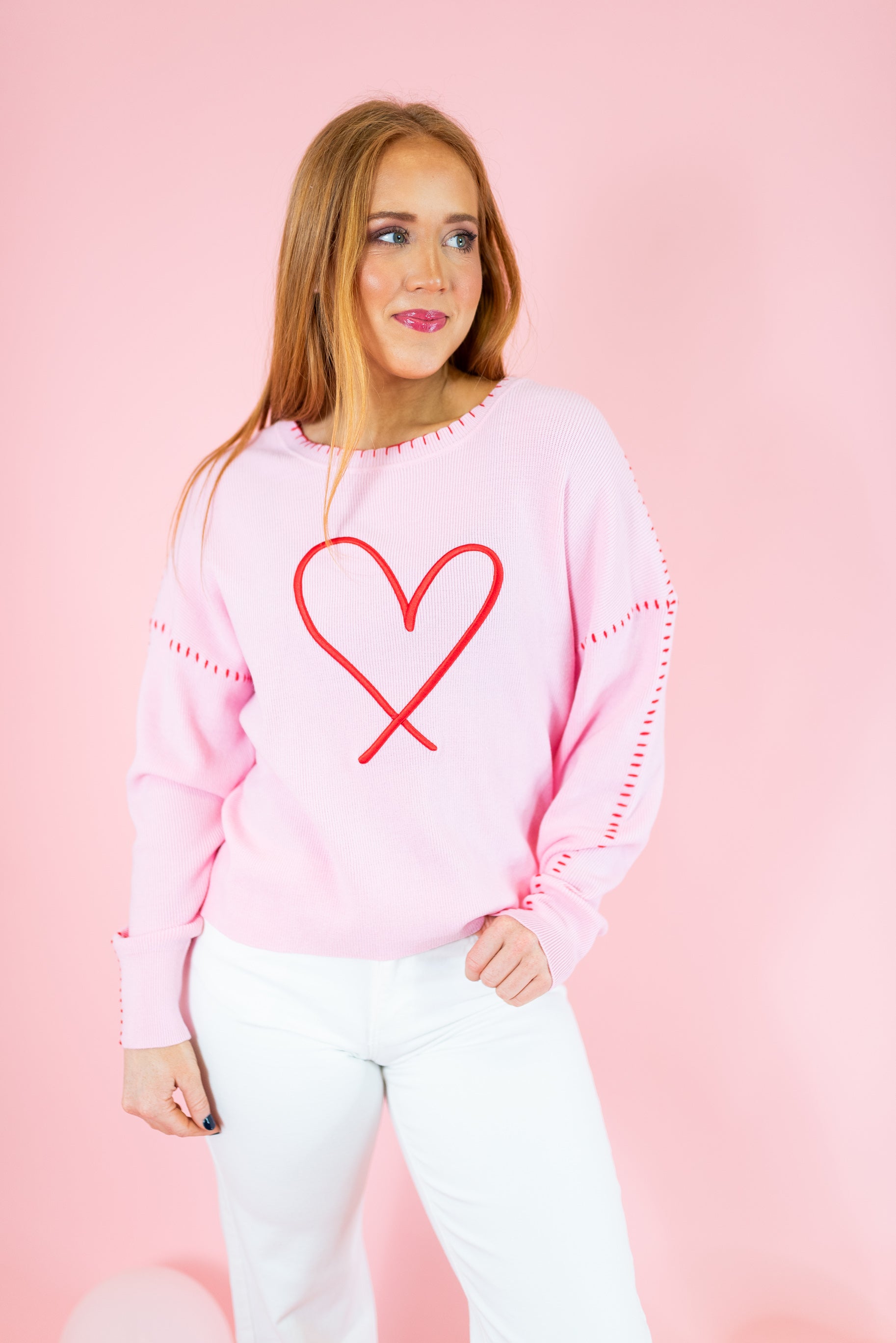 Heart Blanket Stitch Embroidered Sweater - Pink - Obsession Boutique