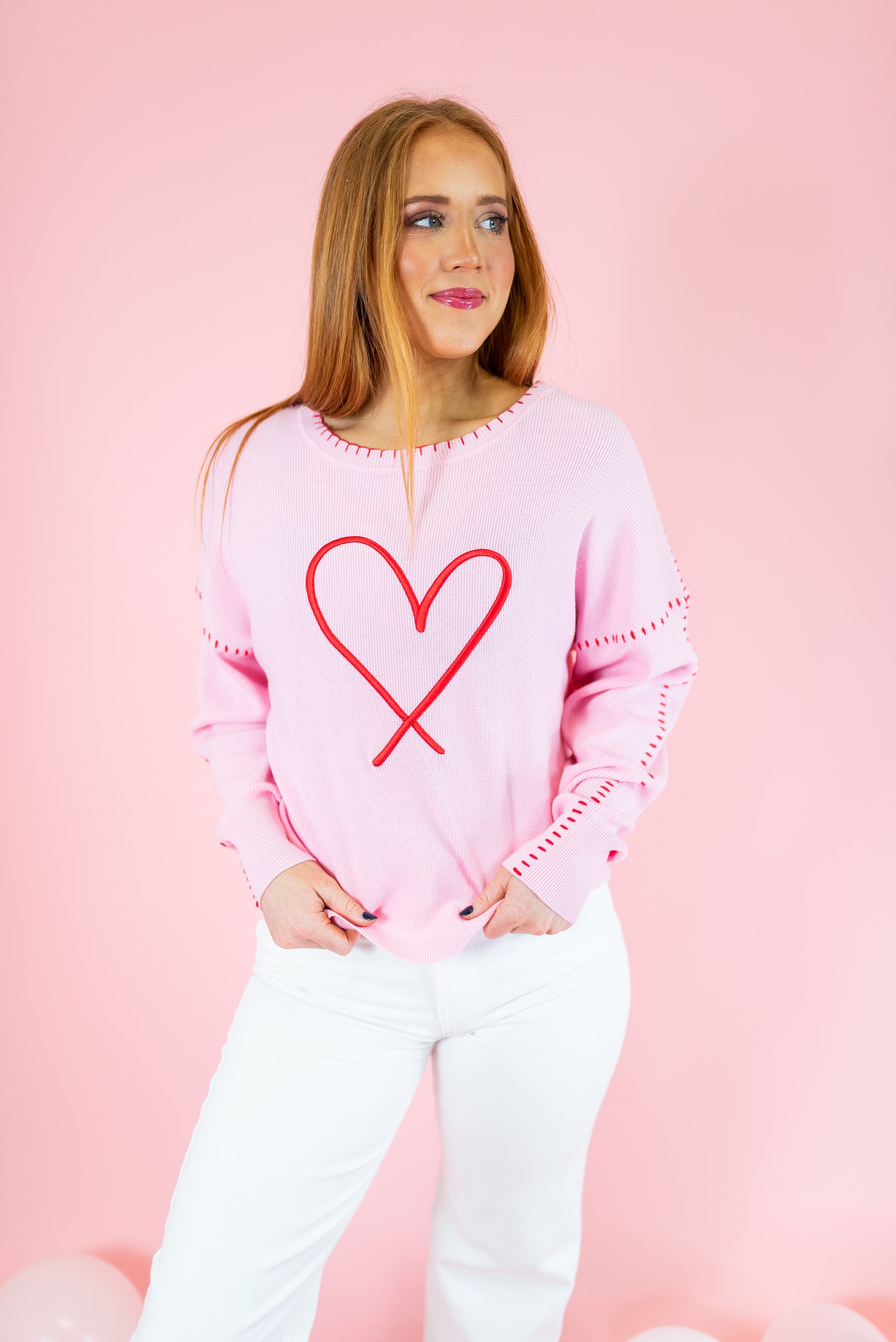 Heart Blanket Stitch Embroidered Sweater - Pink - Obsession Boutique