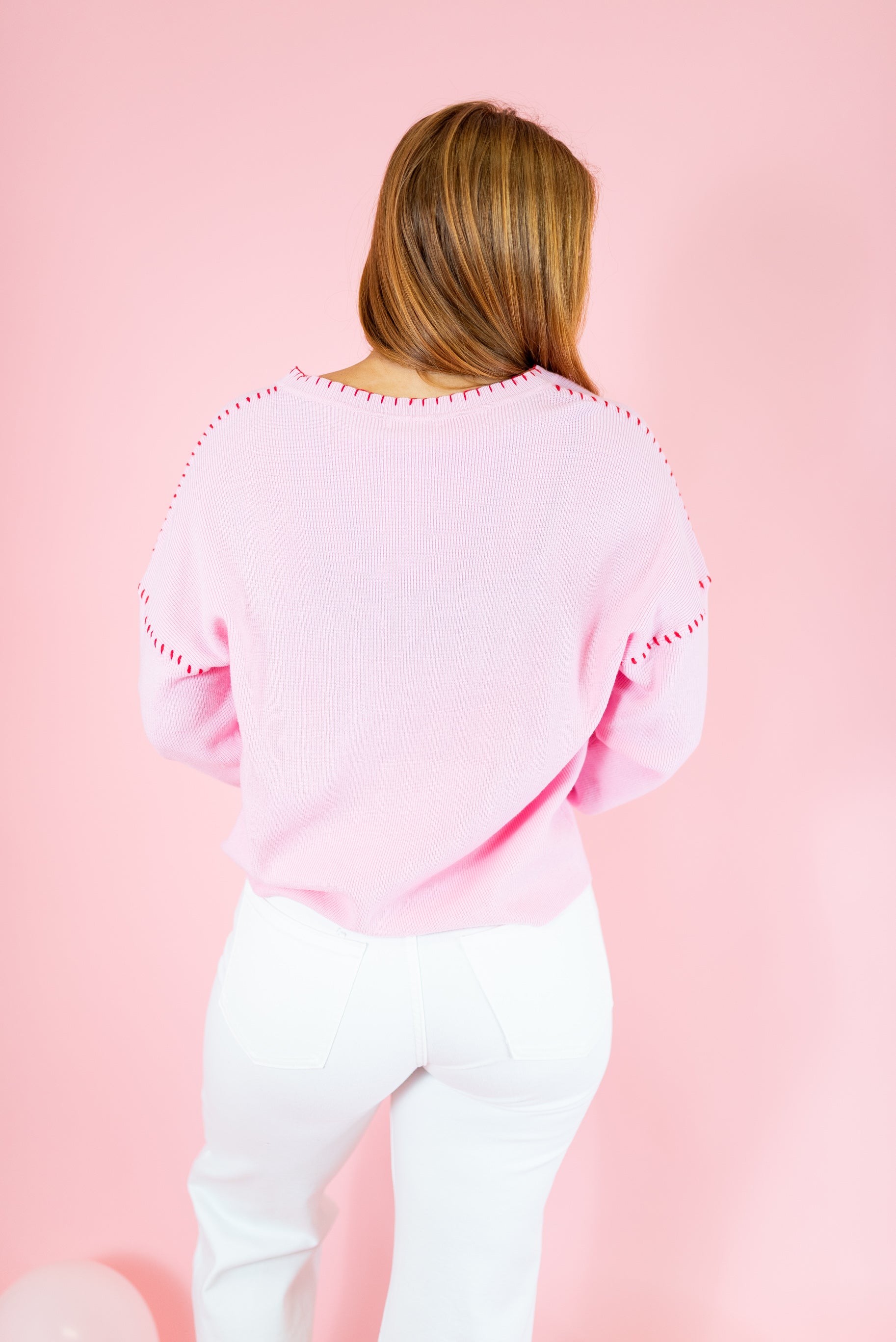 Heart Blanket Stitch Embroidered Sweater - Pink - Obsession Boutique
