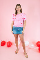 Short Puff Sleeve Heart Sweater - Pink - Obsession Boutique