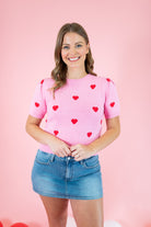 Short Puff Sleeve Heart Sweater - Pink - Obsession Boutique