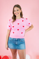 Short Puff Sleeve Heart Sweater - Pink - Obsession Boutique