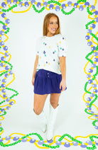 Mardi Gras Fleur De Lis Puff Sleeve Knit Top - Obsession Boutique