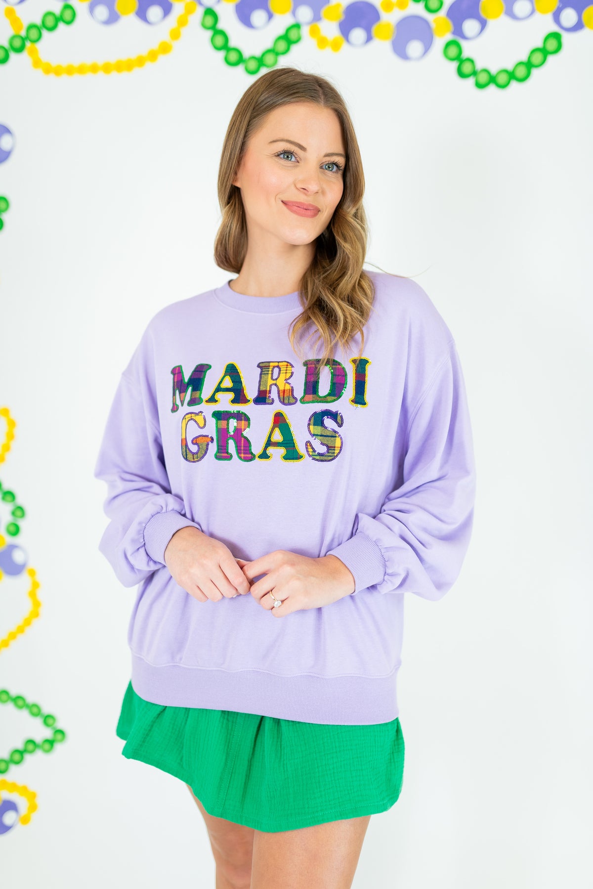 Mardi Gras Sequin Plaid Letter Sweatshirt - Obsession Boutique