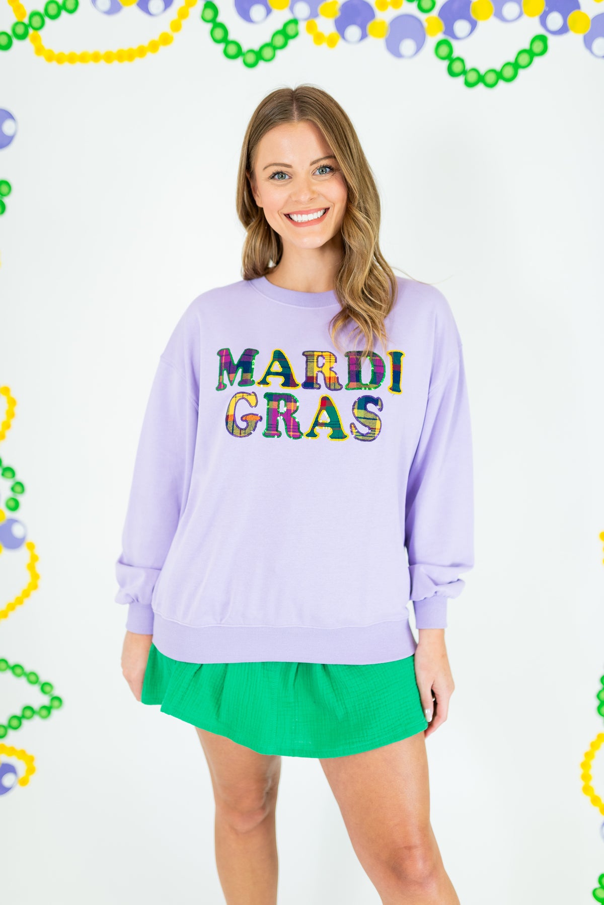 Mardi Gras Sequin Plaid Letter Sweatshirt - Obsession Boutique
