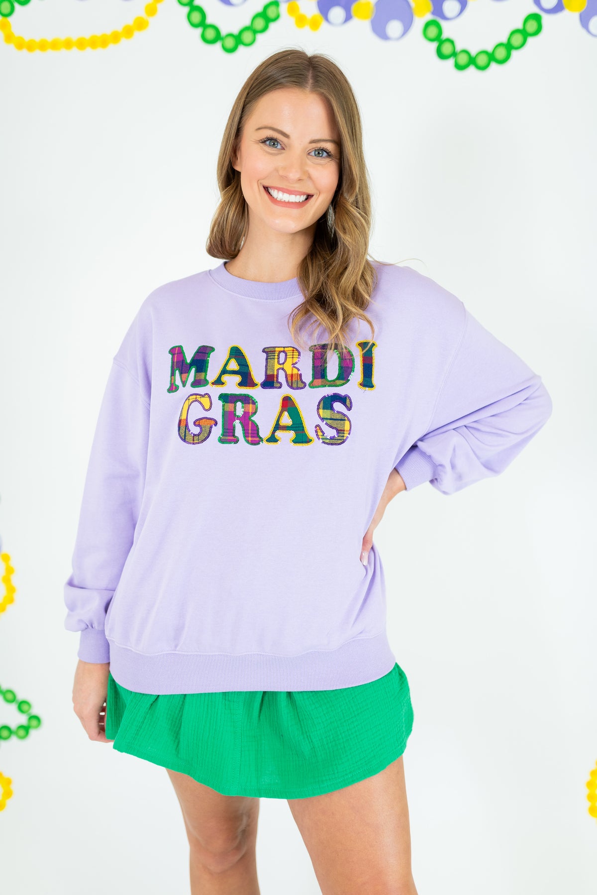 Mardi Gras Sequin Plaid Letter Sweatshirt - Obsession Boutique