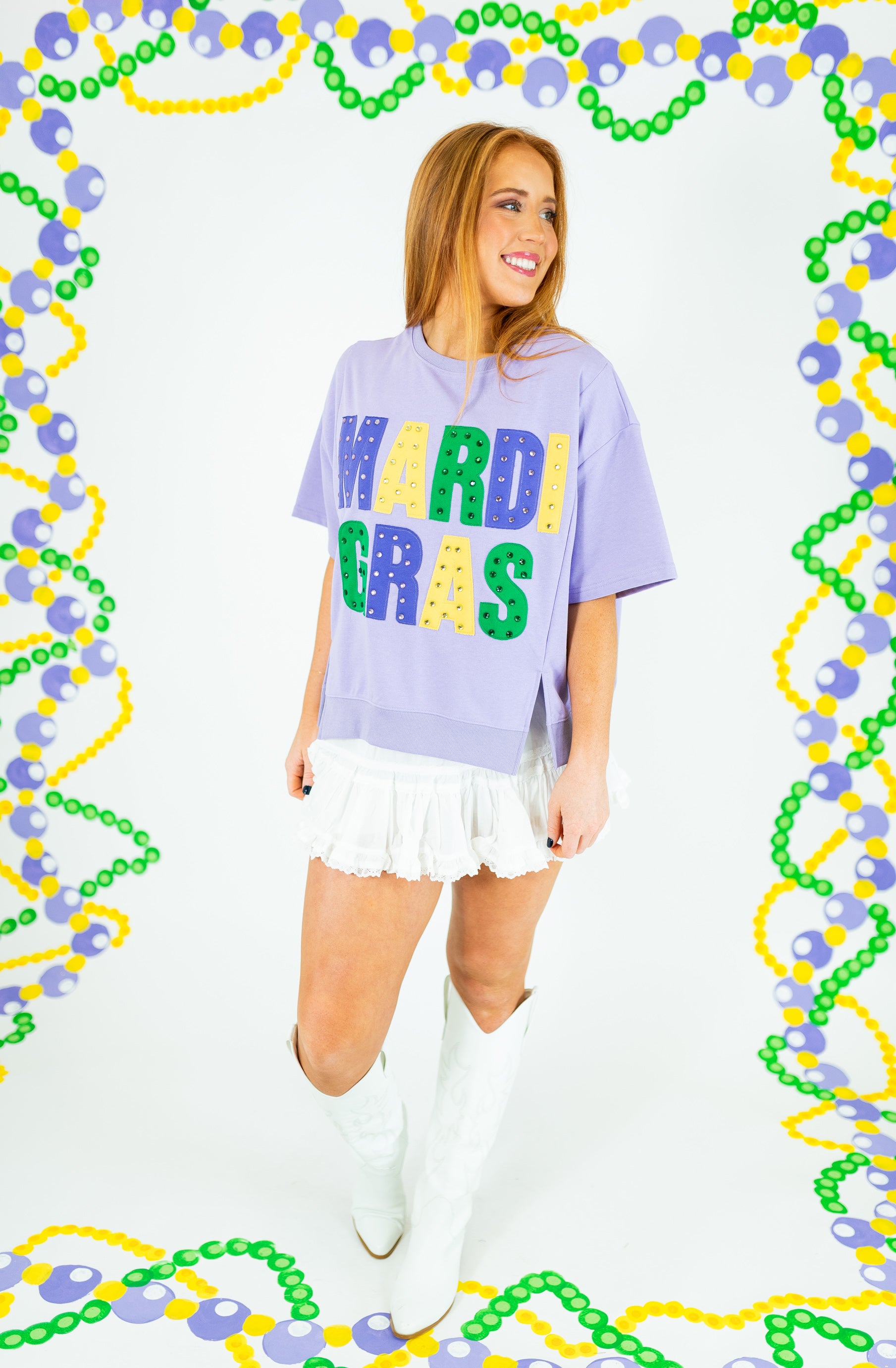 Mardi Gras Oversized Graphic Stud Tee - Obsession Boutique