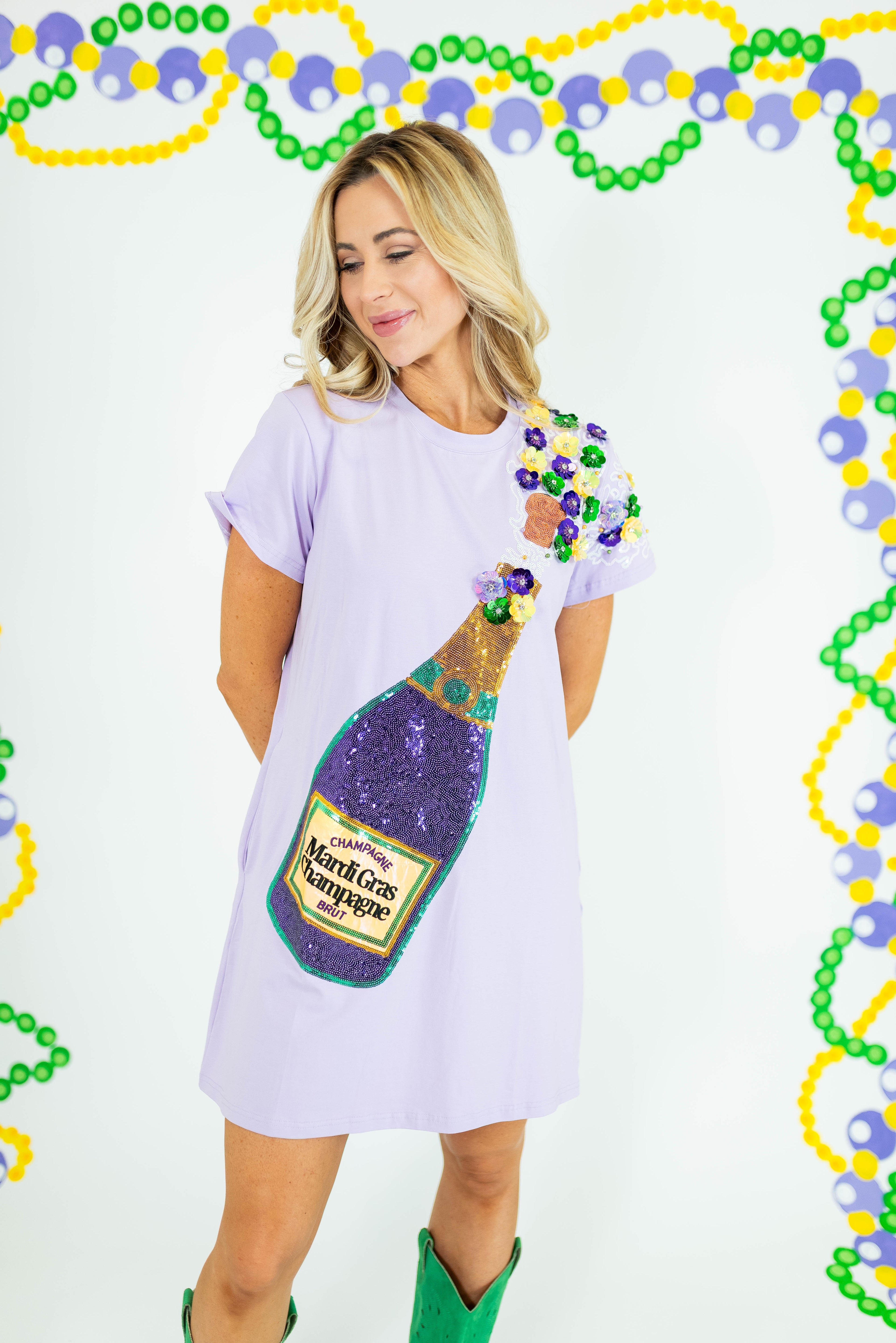 Mardi Gras Sequin Popping Champagne Dress - Obsession Boutique
