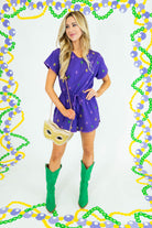 Mardi Gras Royal Purple Embroidered Fleur De Lis Romper - Obsession Boutique
