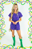 Mardi Gras Royal Purple Embroidered Fleur De Lis Romper - Obsession Boutique