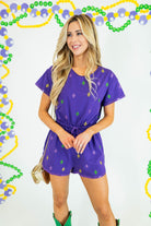 Mardi Gras Royal Purple Embroidered Fleur De Lis Romper - Obsession Boutique
