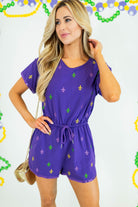 Mardi Gras Royal Purple Embroidered Fleur De Lis Romper - Obsession Boutique