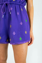 Mardi Gras Royal Purple Embroidered Fleur De Lis Romper - Obsession Boutique