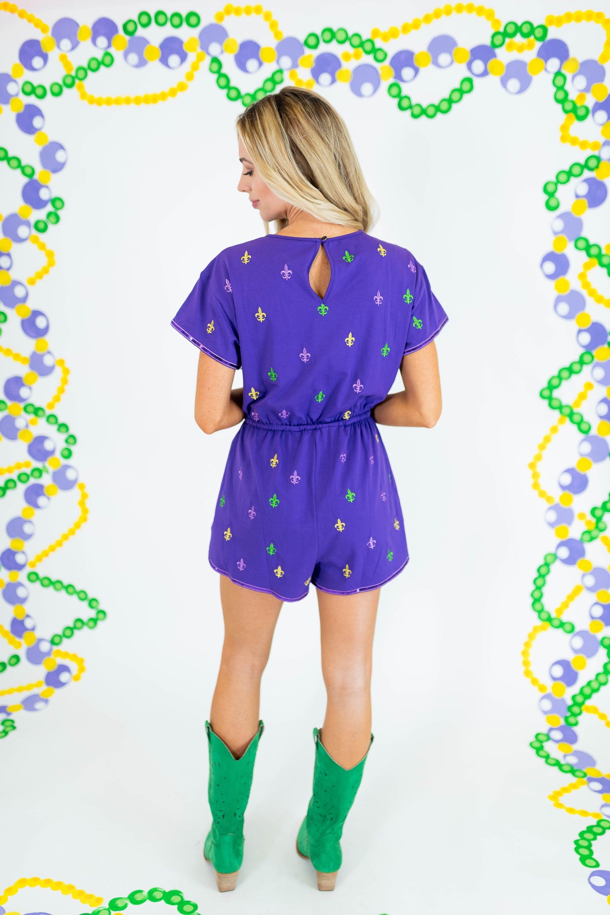 Mardi Gras Royal Purple Embroidered Fleur De Lis Romper - Obsession Boutique