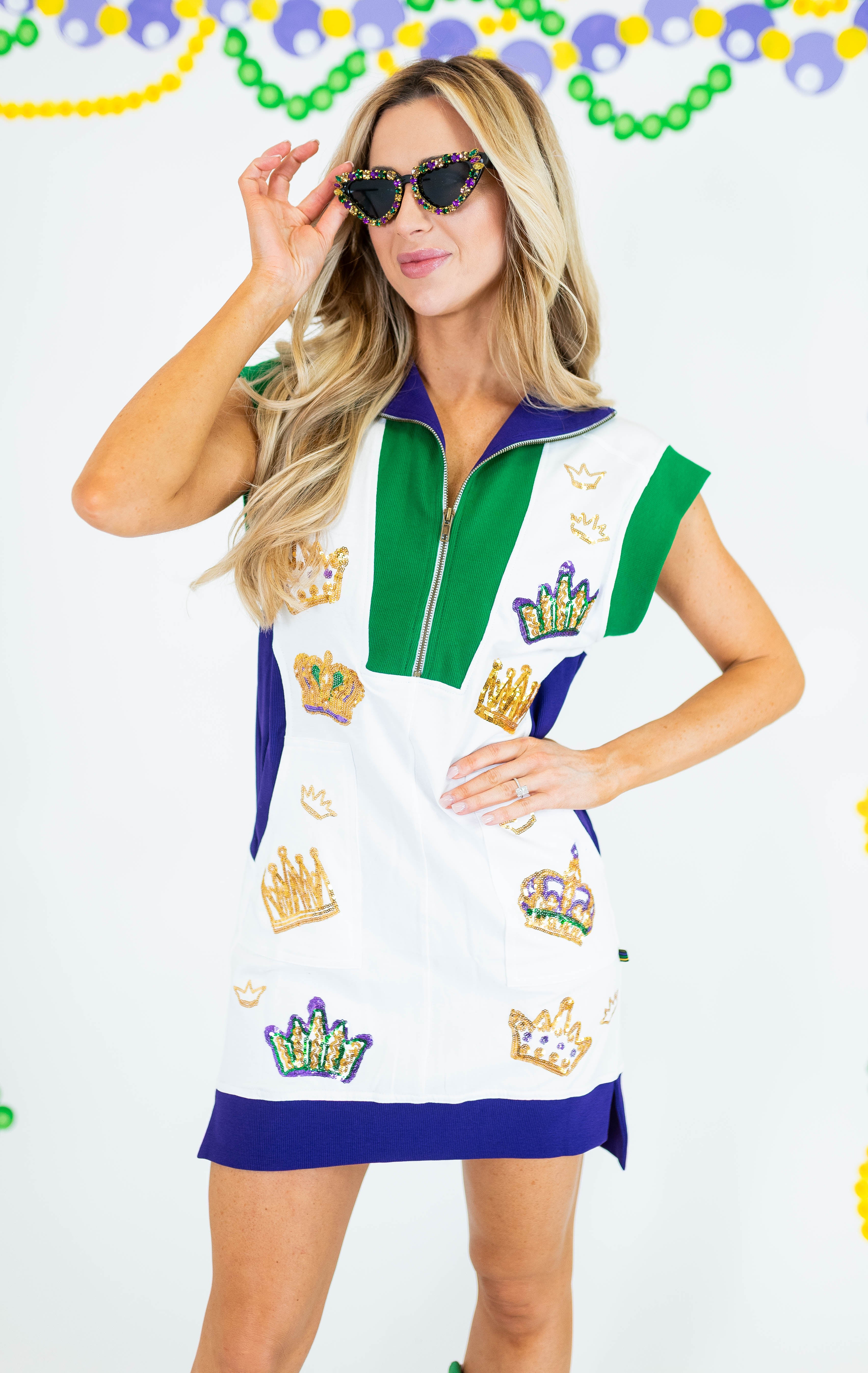 Mardi Gras Crowns Tennis Dress - White - Obsession Boutique