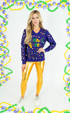 Mardi Queen Sequin V-Neck Sweater - Purple - Obsession Boutique