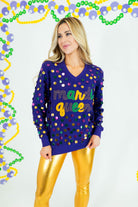 Mardi Queen Sequin V-Neck Sweater - Purple - Obsession Boutique