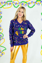 Mardi Queen Sequin V-Neck Sweater - Purple - Obsession Boutique