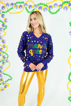 Mardi Queen Sequin V-Neck Sweater - Purple - Obsession Boutique
