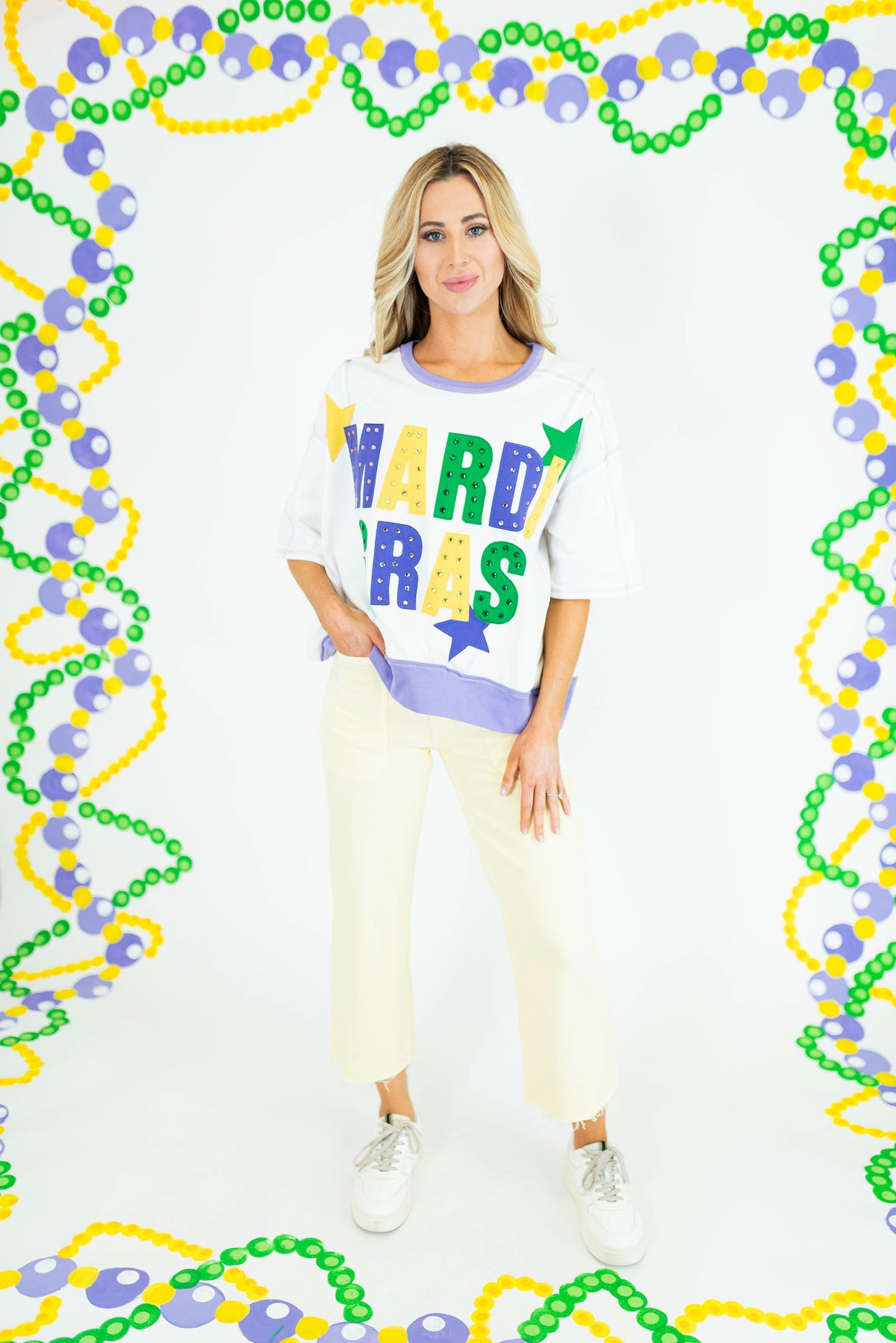 Mardi Gras Color Block Rhinestone Sweatshirt - White - Obsession Boutique