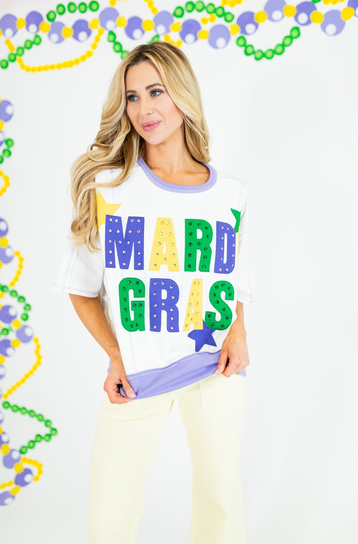 Mardi Gras Color Block Rhinestone Sweatshirt - White - Obsession Boutique