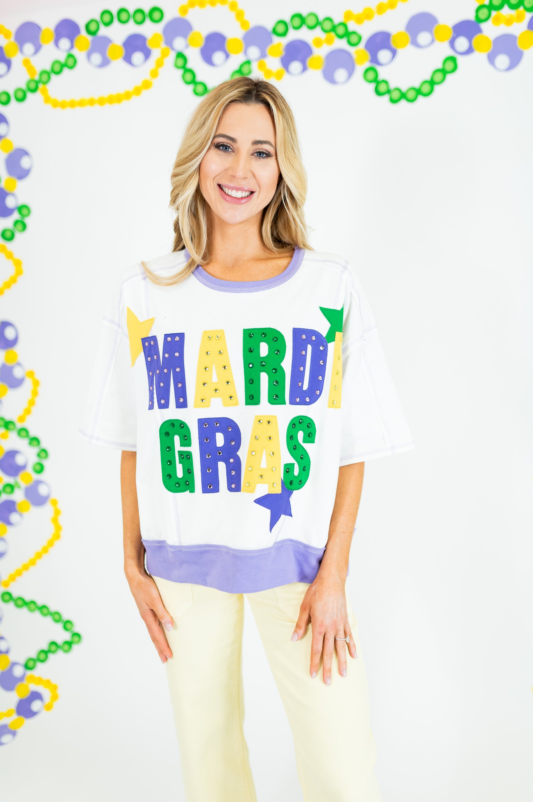 Mardi Gras Color Block Rhinestone Sweatshirt - White - Obsession Boutique