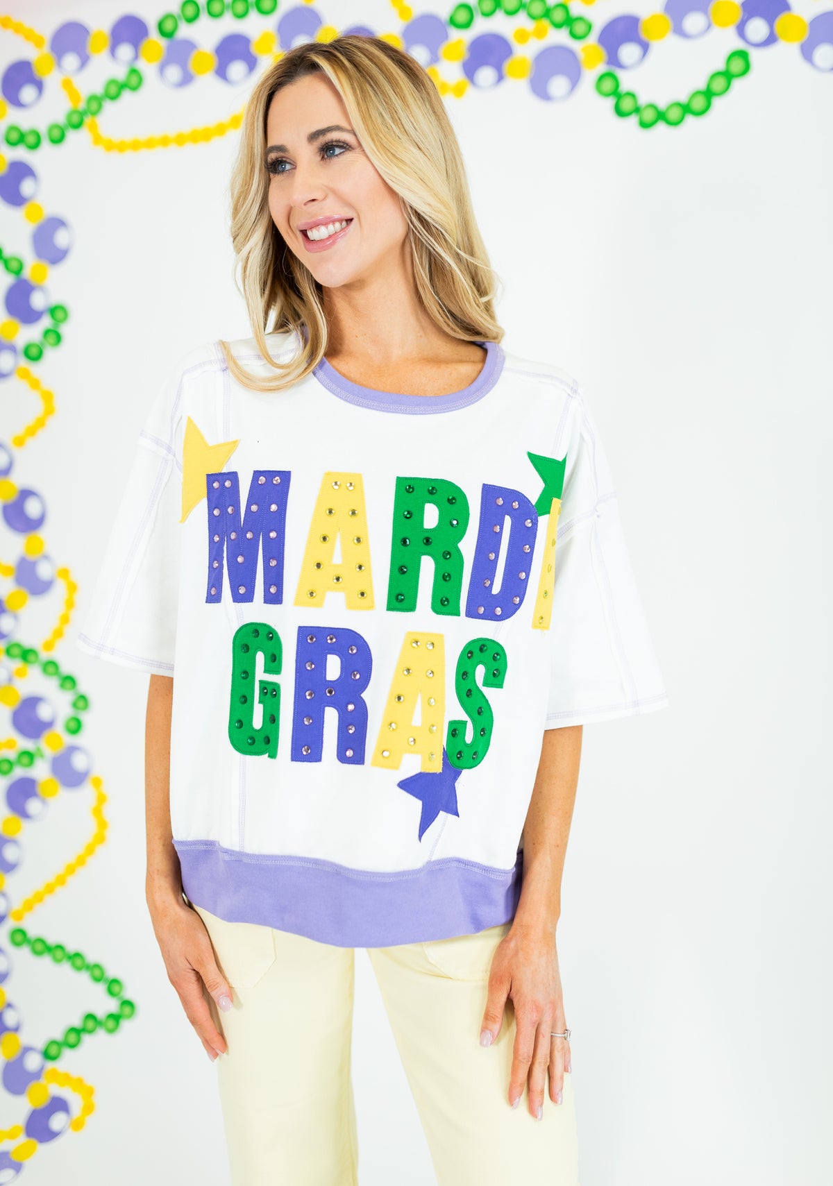 Mardi Gras Color Block Rhinestone Sweatshirt - White - Obsession Boutique