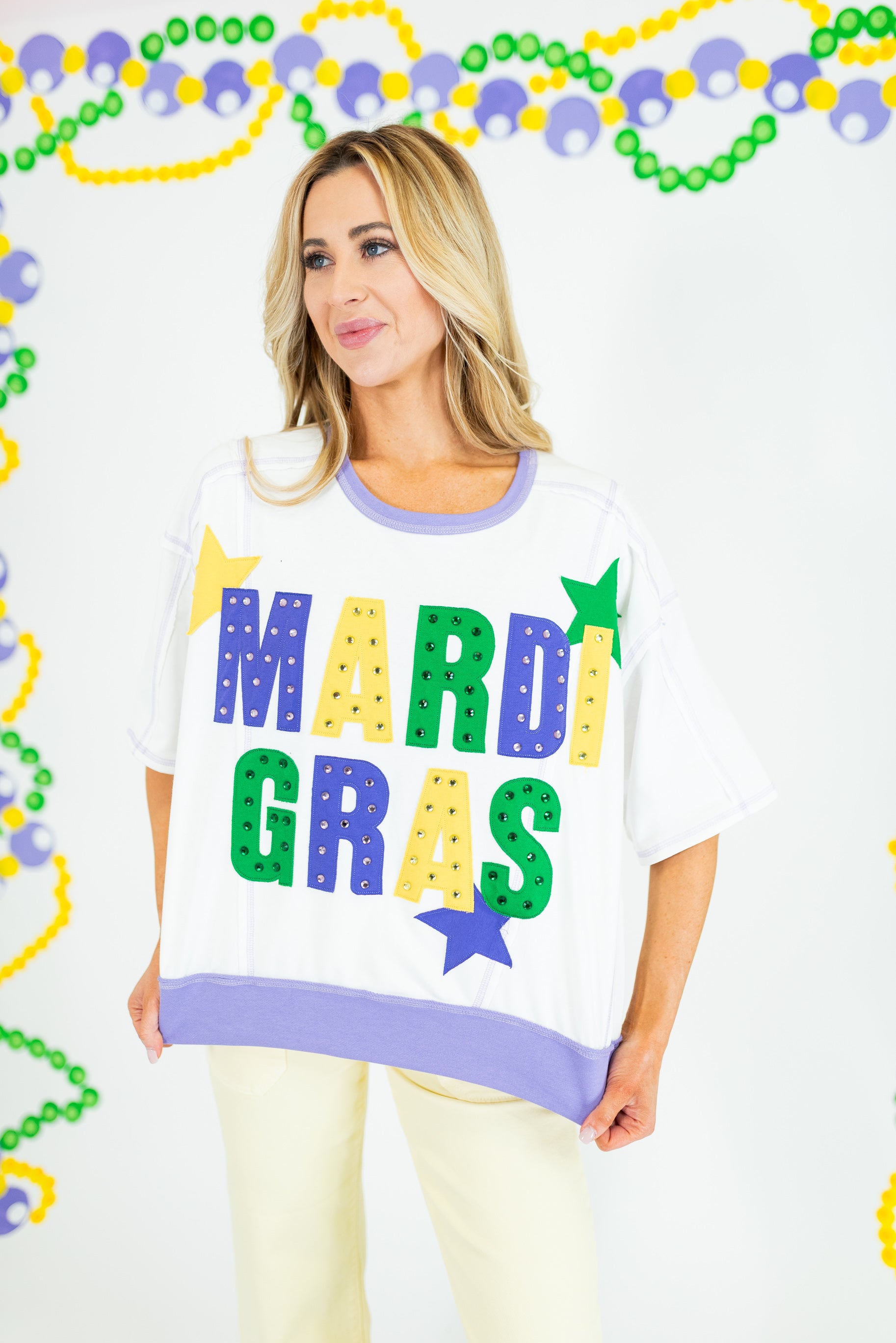 Mardi Gras Color Block Rhinestone Sweatshirt - White - Obsession Boutique