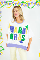 Mardi Gras Color Block Rhinestone Sweatshirt - White - Obsession Boutique
