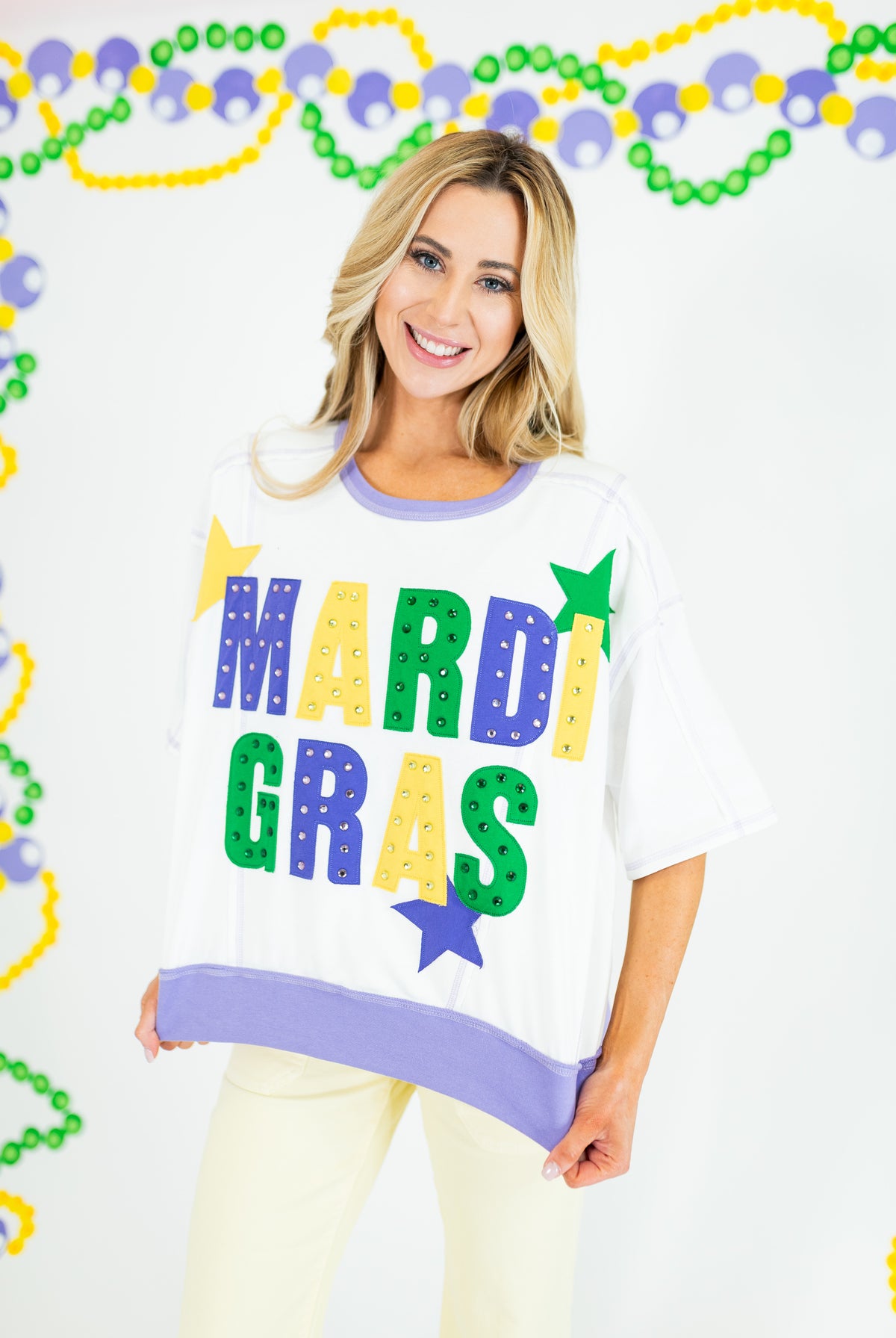 Mardi Gras Color Block Rhinestone Sweatshirt - White - Obsession Boutique