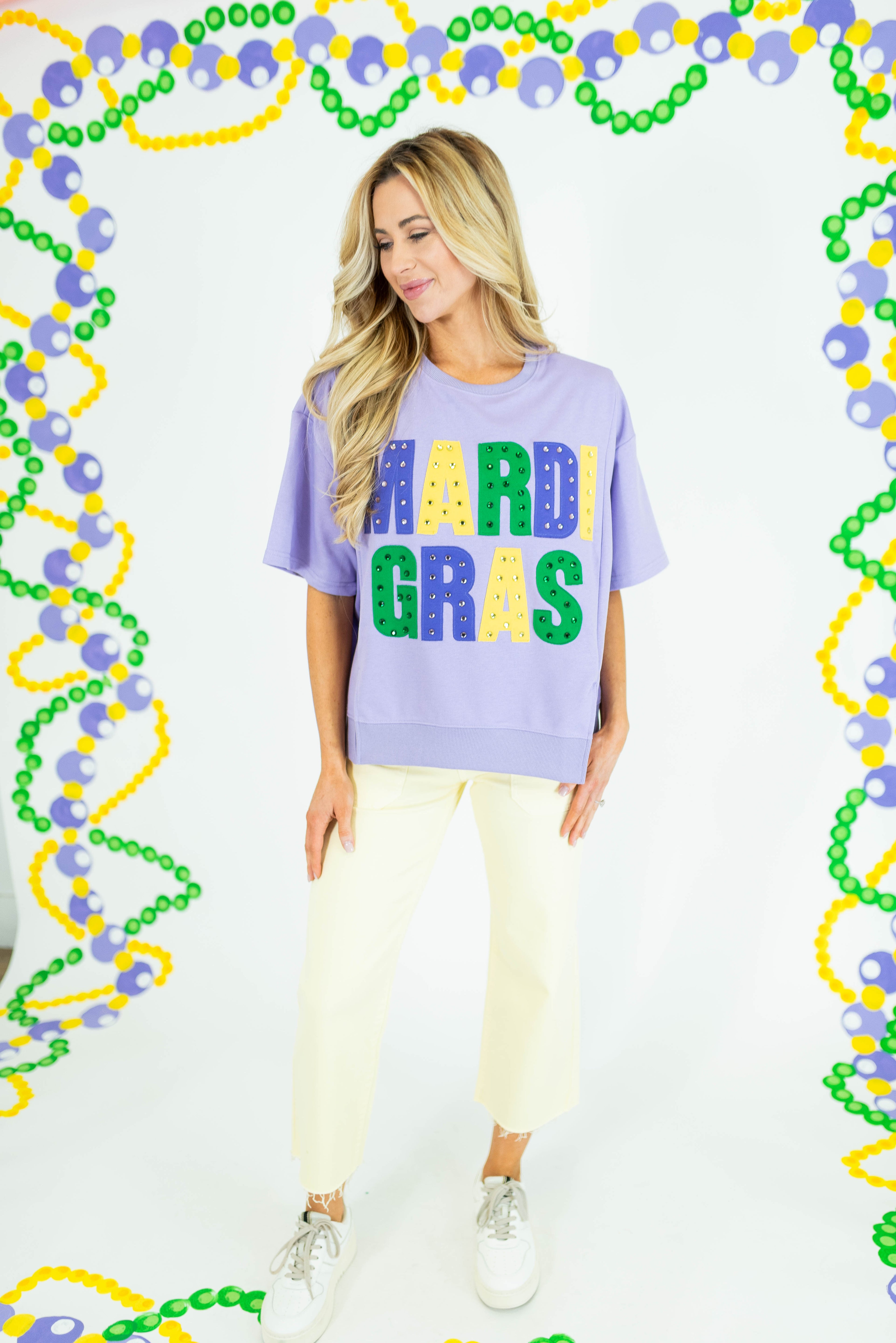 Mardi Gras Oversized Graphic Stud Tee - Obsession Boutique