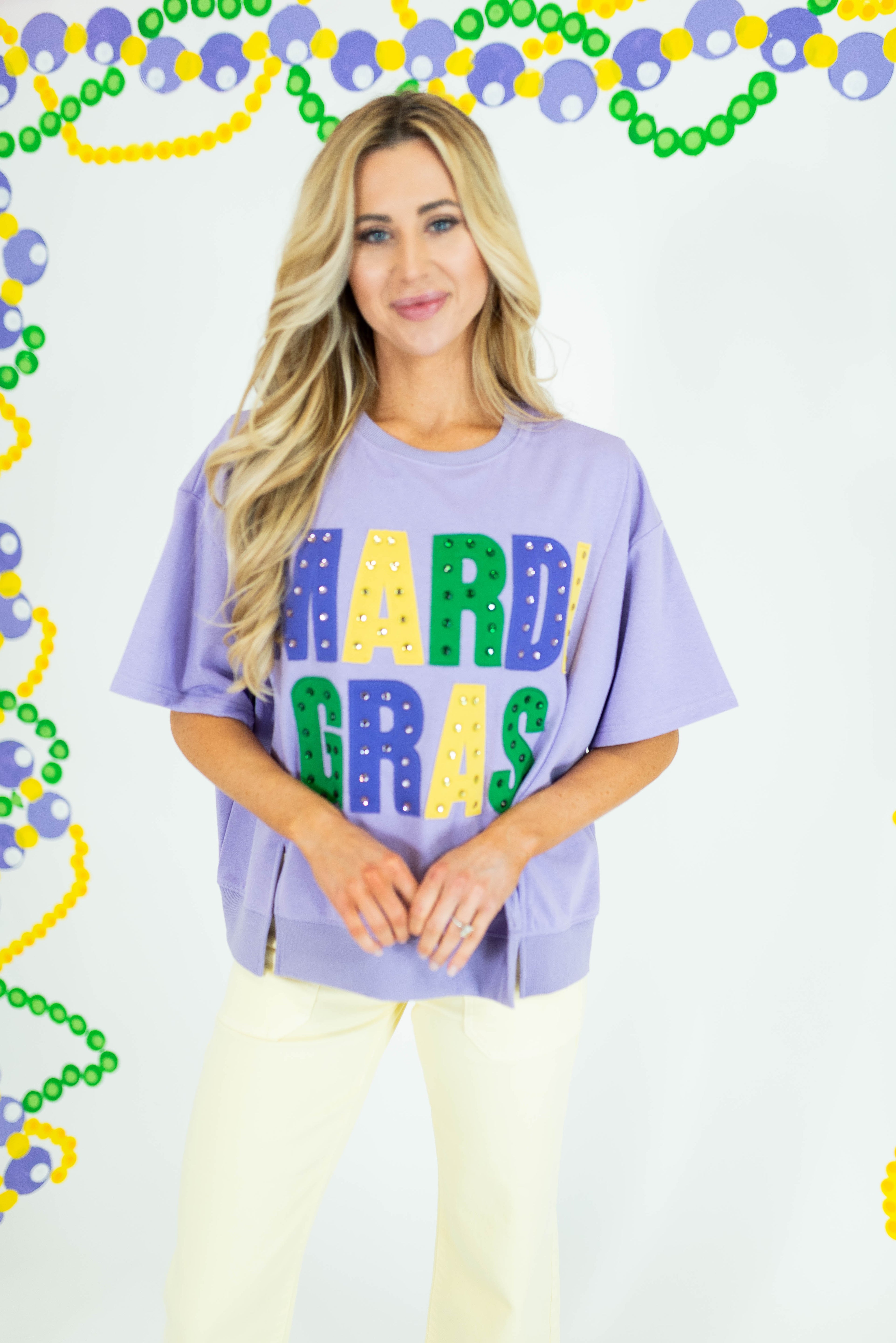 Mardi Gras Oversized Graphic Stud Tee - Obsession Boutique