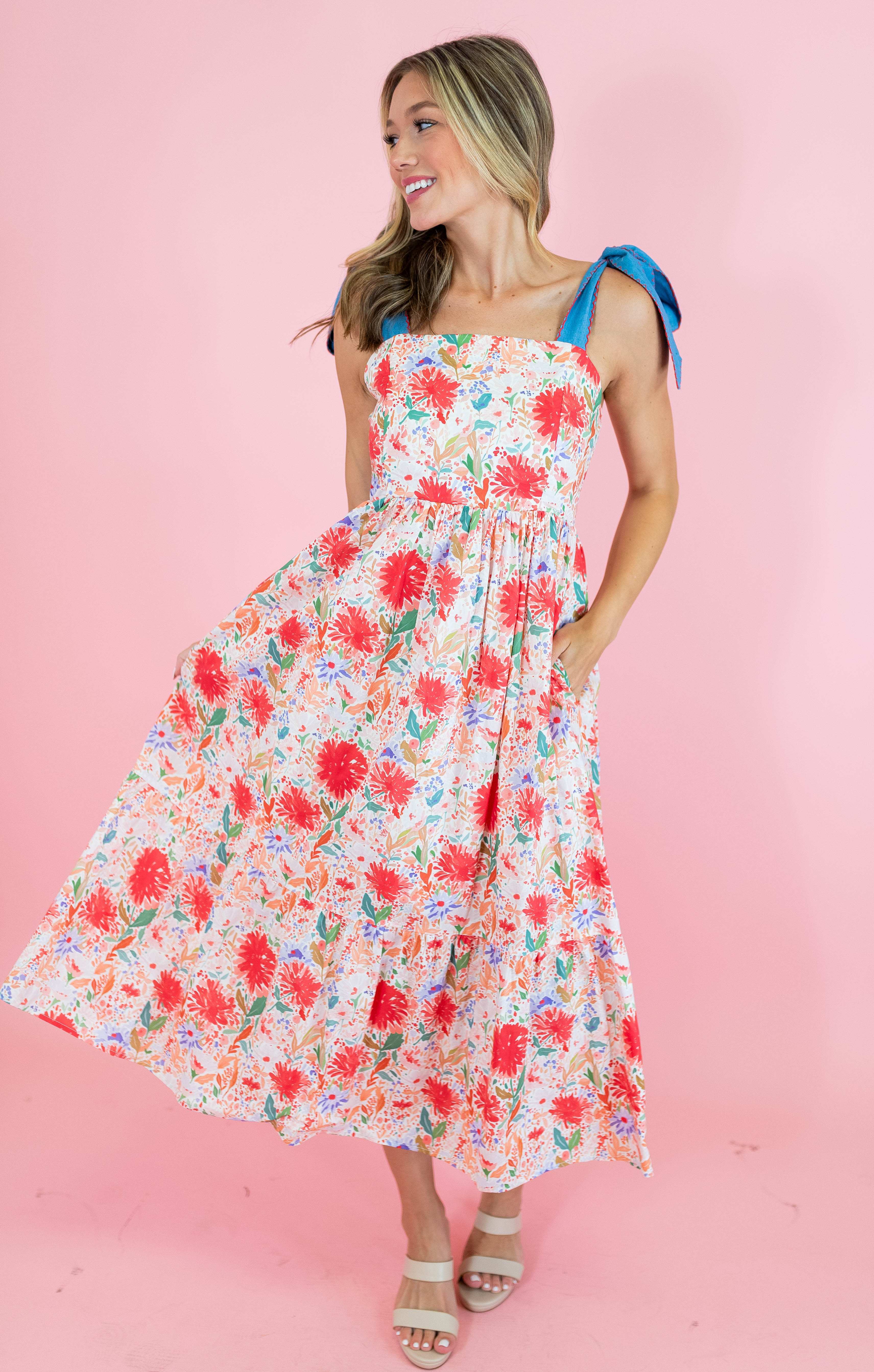 Red Floral Tie Strap Midi Dress - Obsession Boutique