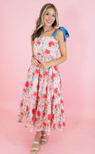 Red Floral Tie Strap Midi Dress - Obsession Boutique