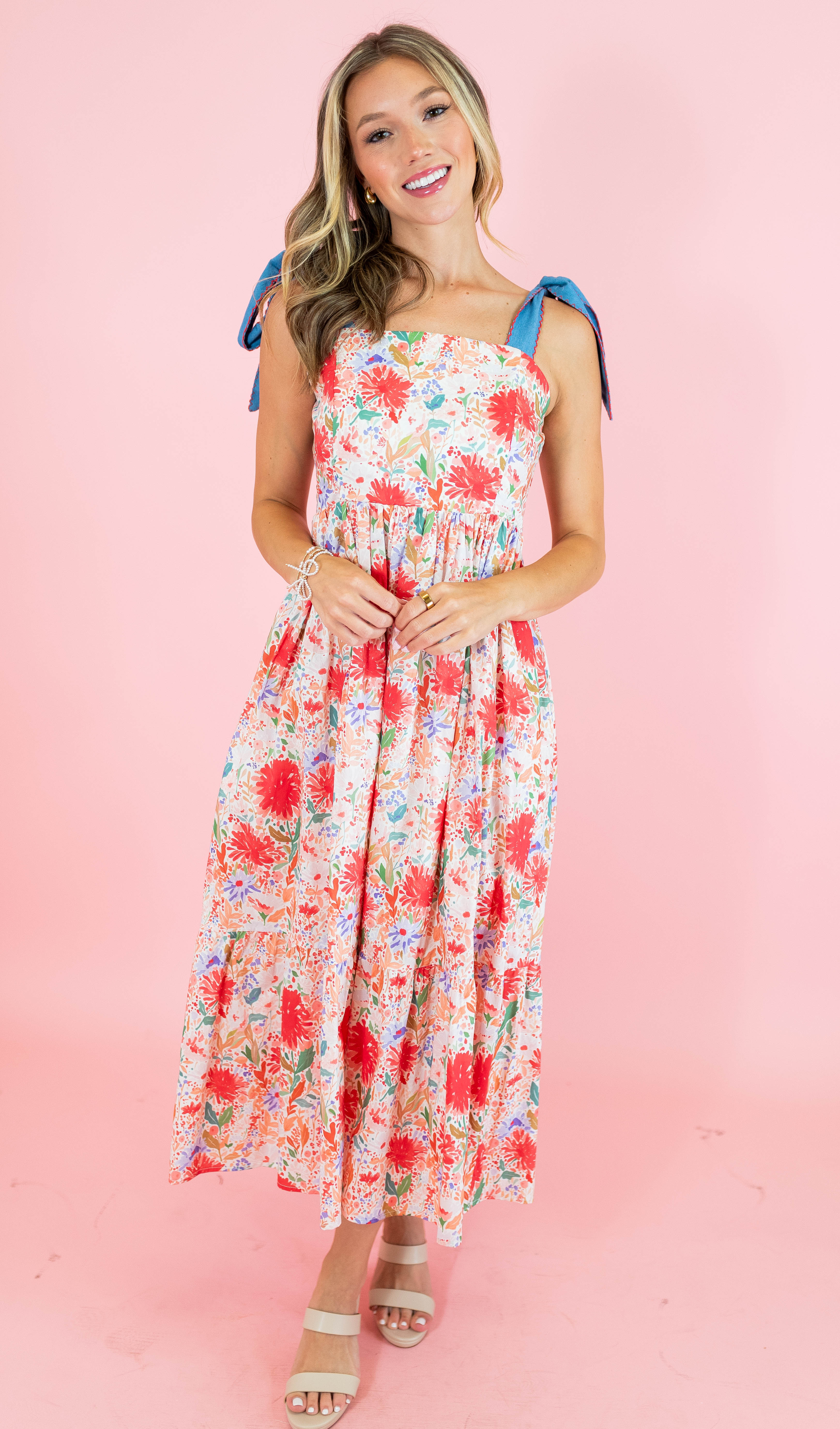 Red Floral Tie Strap Midi Dress - Obsession Boutique