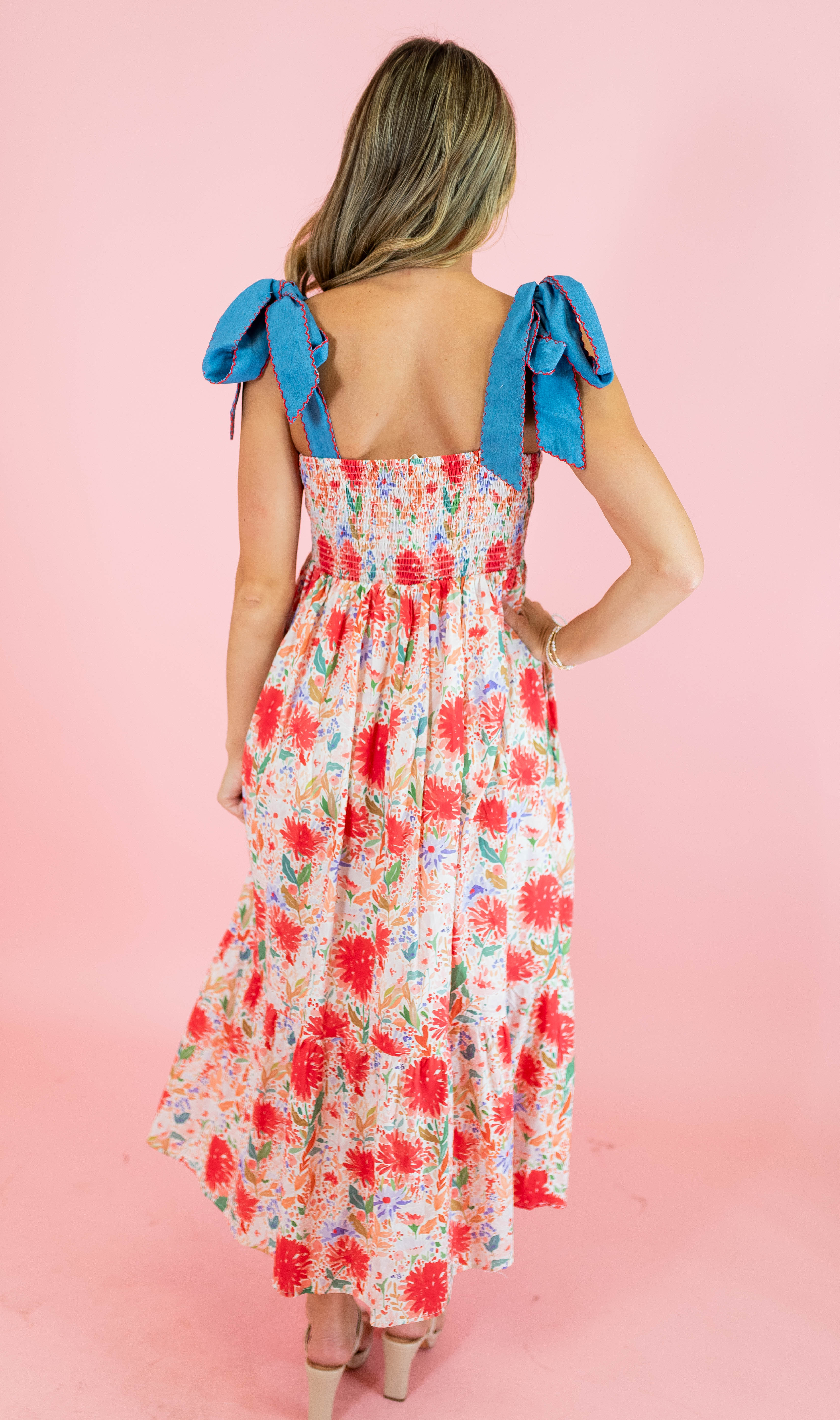 Red Floral Tie Strap Midi Dress - Obsession Boutique