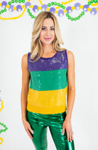 Mardi Gras Sequin Color Block Sweater Tank Top - Obsession Boutique