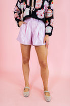 High Waisted Shiny Pleated Shorts - Light Pink - Obsession Boutique
