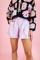 High Waisted Shiny Pleated Shorts - Light Pink - Obsession Boutique