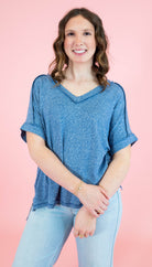Soft Melange Hacci V-neck Short Sleeve Hi-Low Tee - Obsession Boutique