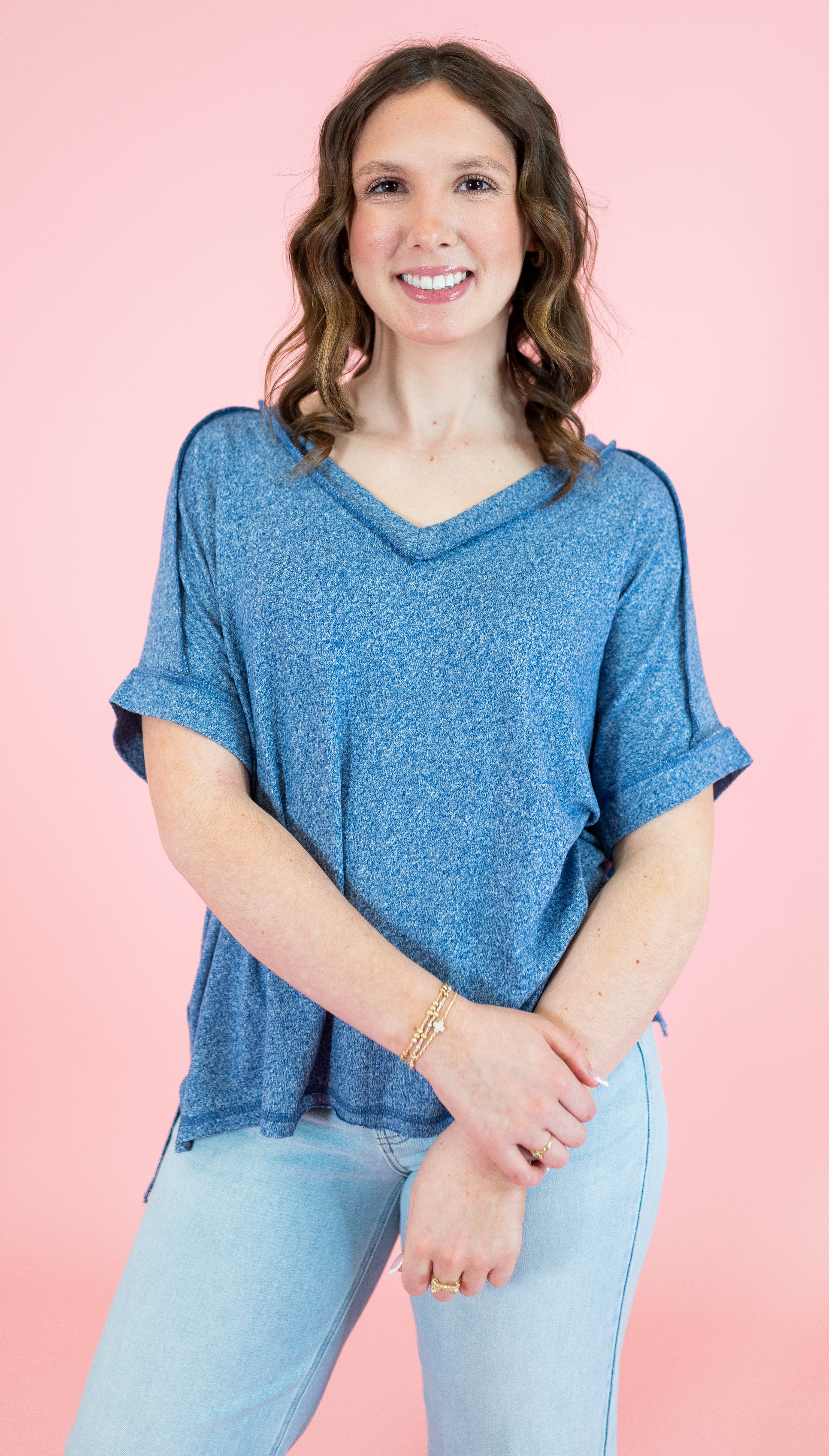 Soft Melange Hacci V-neck Short Sleeve Hi-Low Tee - Obsession Boutique