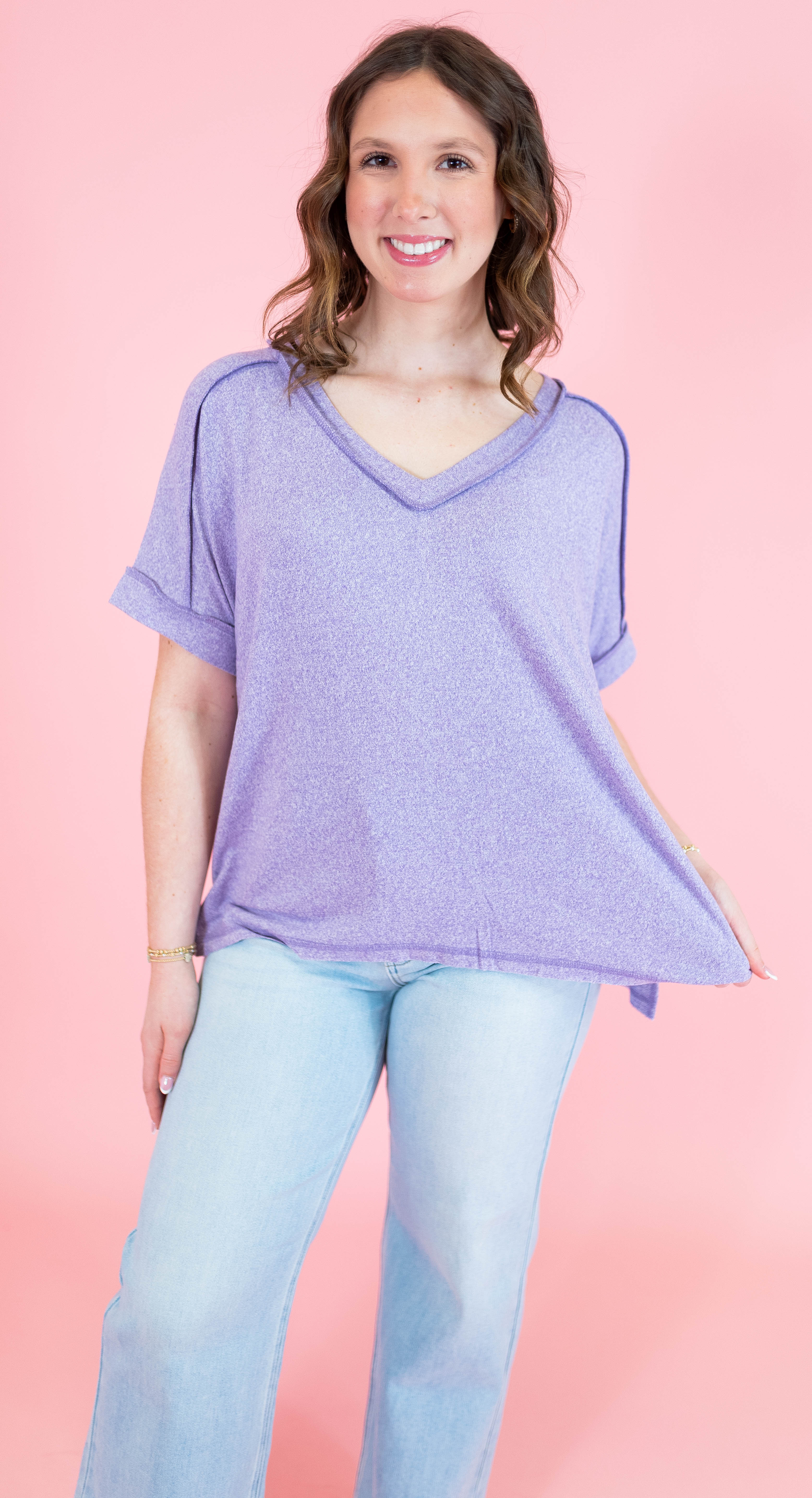 Soft Melange Hacci V-neck Short Sleeve Hi-Low Tee - Obsession Boutique