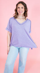 Soft Melange Hacci V-neck Short Sleeve Hi-Low Tee - Obsession Boutique