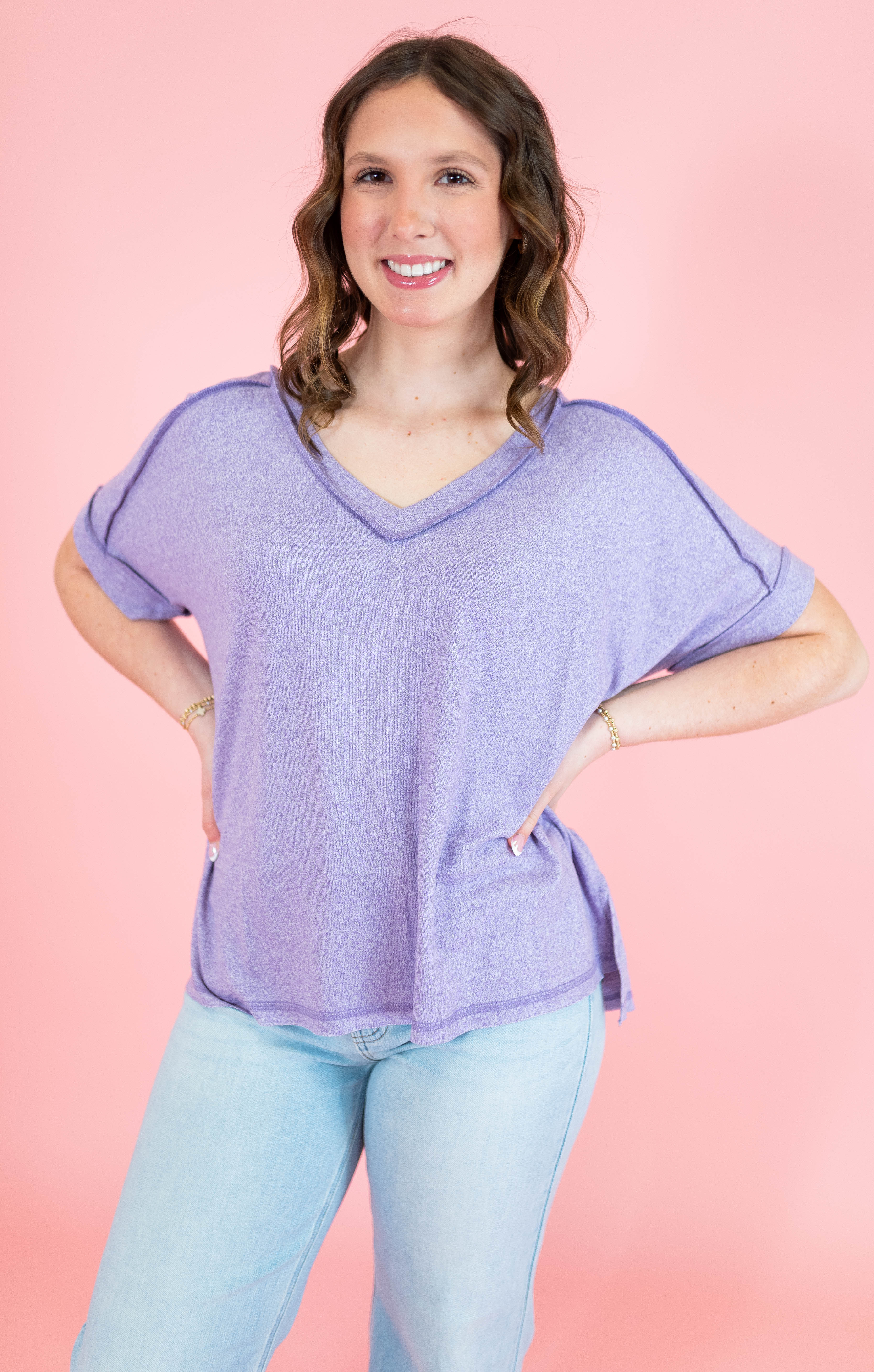 Soft Melange Hacci V-neck Short Sleeve Hi-Low Tee - Obsession Boutique