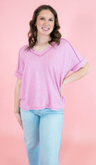 Soft Melange Hacci V-neck Short Sleeve Hi-Low Tee - Obsession Boutique