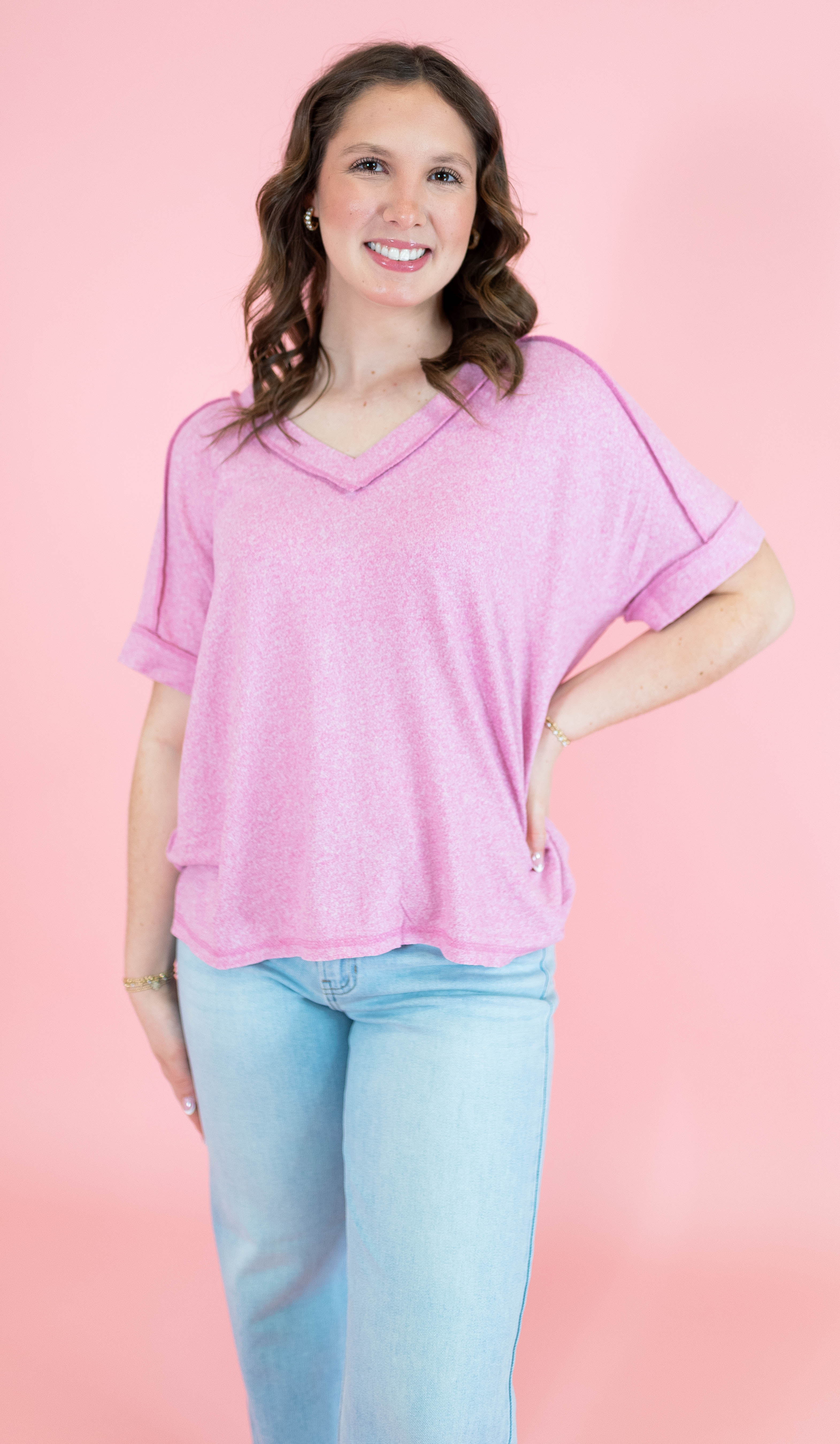 Soft Melange Hacci V-neck Short Sleeve Hi-Low Tee - Obsession Boutique